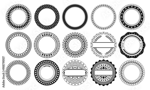Star circle badge. Emblem templates with circular stars patterns and laurel wreaths. Seal stamp starry frames, premium badges and round vintage borders vector set