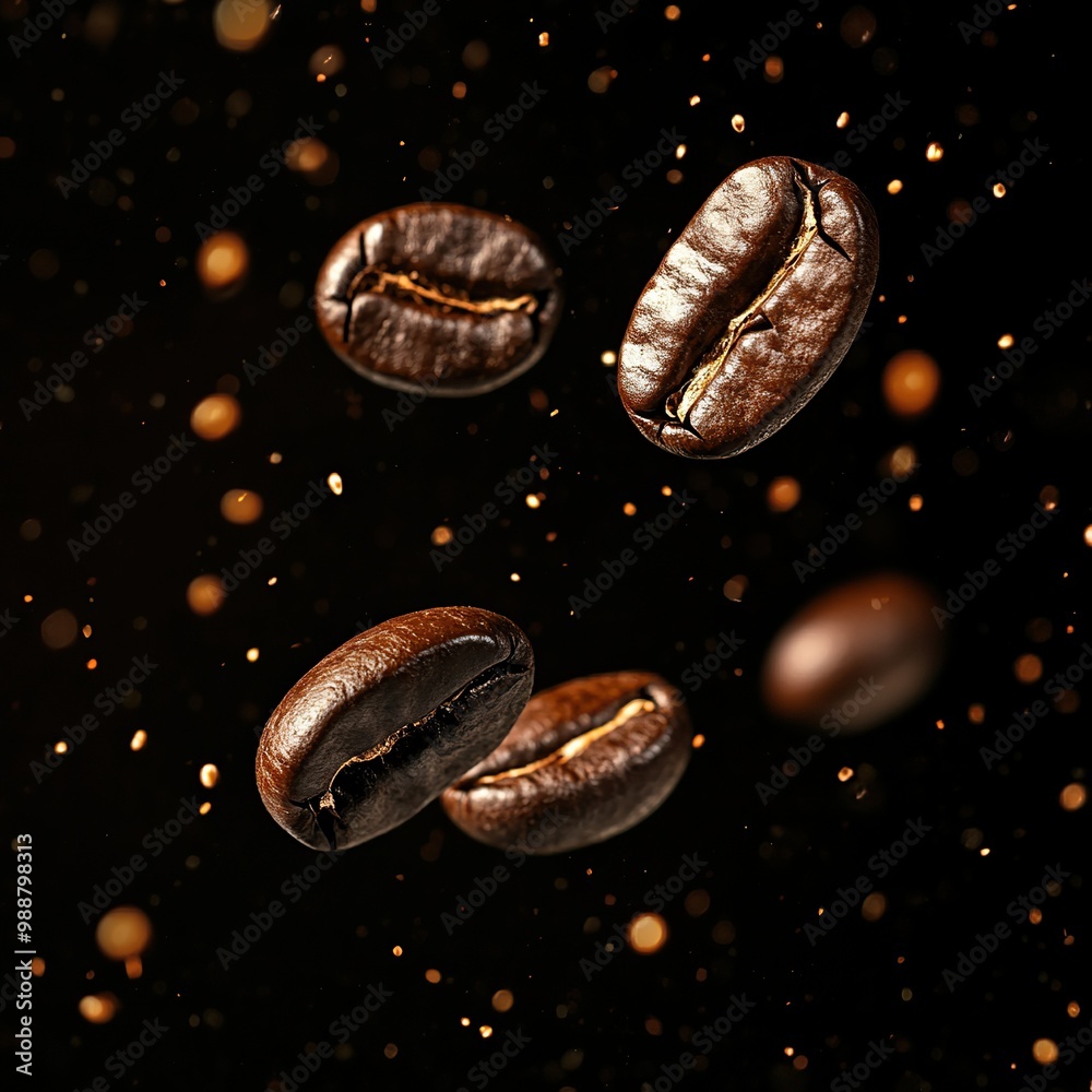 Floating coffee beans with a dark background and shimmering particles, ideal for coffee lovers and beverage enthusiasts. Floating coffee beans with a dark background and shimmering particles, ideal for coffee lovers and beverage enthusiasts.