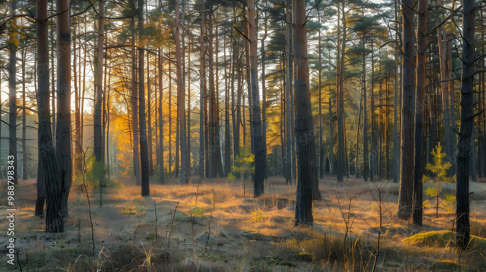 Fototapeta premium Golden Hour in a Pine Forest: A Stunning Display of Nature's Beauty