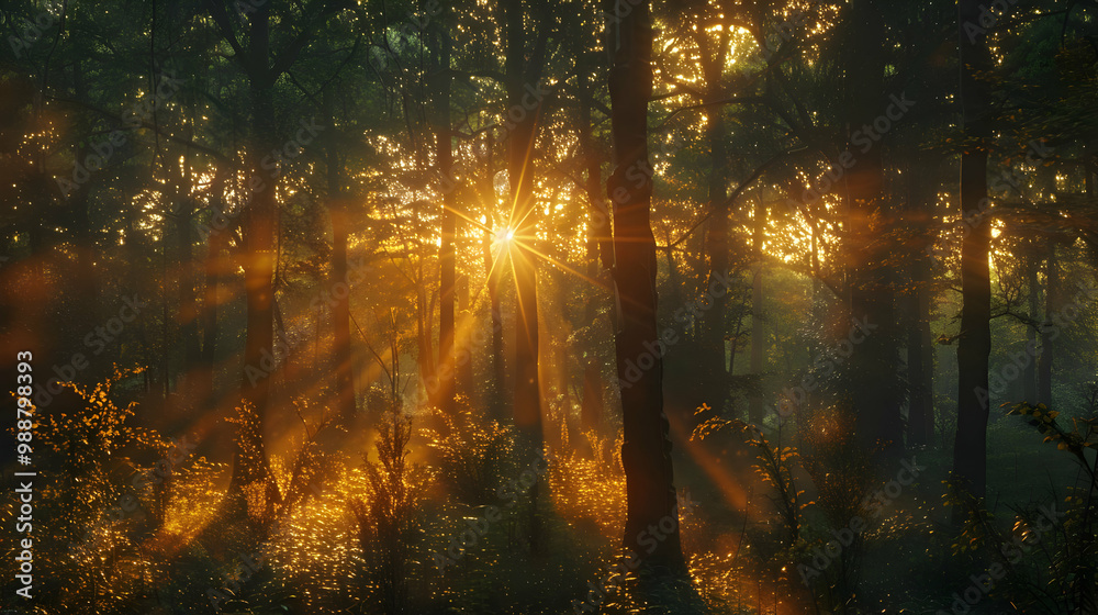 Naklejka premium Golden Hour Sunlight Through Forest Trees