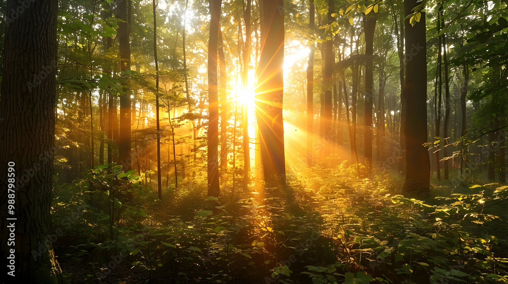 Obraz premium Golden Hour Sunlight Through Forest Trees