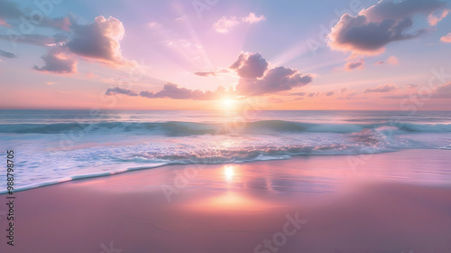 Stunning Pink Sunset Over Calm Ocean Beach