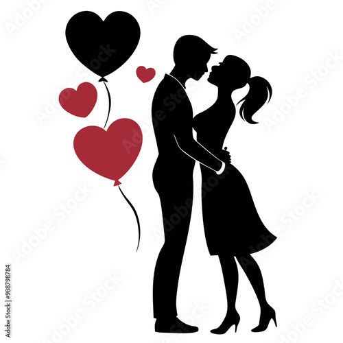 a black silhouette of a couple embracing and kissing. The couple is standing close together