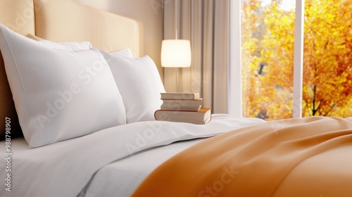 A bed with a stack of books on it next to the window, AI