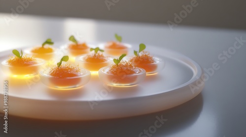 A plate of small, clear, glass dishes filled with a bright orange, sweet, and savory custard-like substance, topped with a small green sprout and a sprinkle of grated cheese.