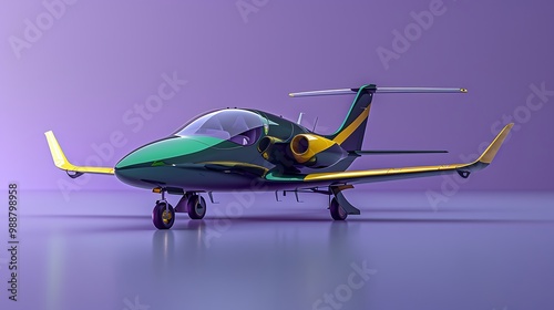 A modern stylish aircraft in green and yellow colors sits on a pristine purple floor