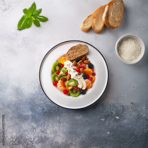 A white plate filled with a colorful fruit salad, topped with a dollop of whipped cream, almonds, and a slice of bread.