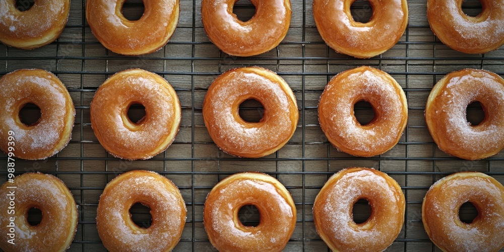 A row of donuts with powdered sugar on top A row of donuts with powdered sugar on top