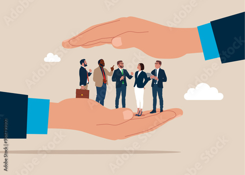 Network team in hand, customer retention. Businessman big hand holding customer with care.  Flat vector illustration.