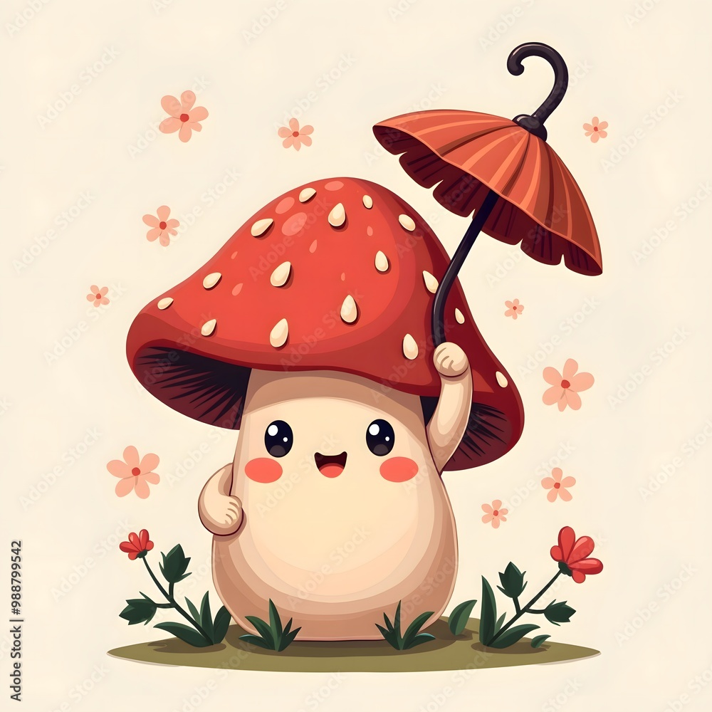Naklejka premium Cute Kawaii Mushroom Holding Umbrella with Strawberry Cap