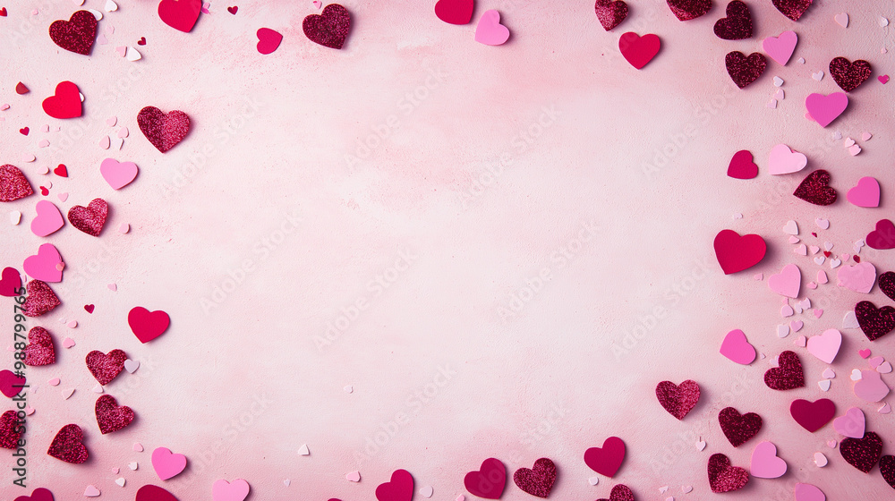 valentine’s day confetti: a romantic frame made from pink and red heart-shaped confetti, arranged around a soft blush background, the sweet colors create a charming border valentine’s day confetti: a romantic frame made from pink and red heart-shaped confetti, arranged around a soft blush background, the sweet colors create a charming border