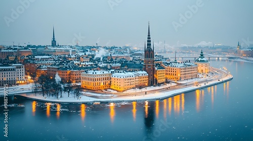 A tranquil winter evening in Stockholm, showcasing historic architecture and snow-covered landscapes.
