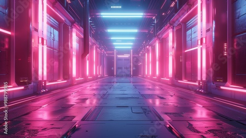 Futuristic Neon Lit Corridor for E-Sport Event Background with Vibrant Pink and Blue Lighting