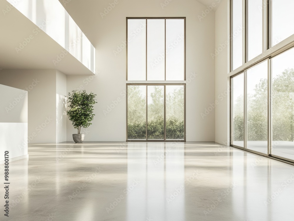 Fototapeta premium A large open room with a white wall and a large window. A potted plant is in the room