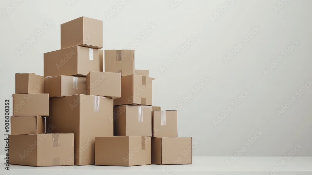 A clean stack of taped cardboard boxes arranged methodically on a white surface, ideal for showcasing bulk packaging or shipping concepts. A clean stack of taped cardboard boxes arranged methodically on a white surface, ideal for showcasing bulk packaging or shipping concepts.