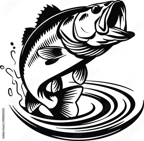 silhouette of a large fish leaping out of water with its mouth open vector art illustration