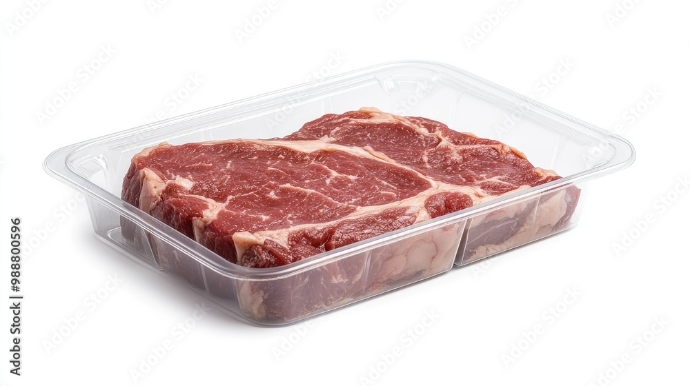 A clear plastic tray containing raw steak, sealed and isolated against a white background, perfect for illustrating fresh meat packaging in retail stores. A clear plastic tray containing raw steak, sealed and isolated against a white background, perfect for illustrating fresh meat packaging in retail stores.