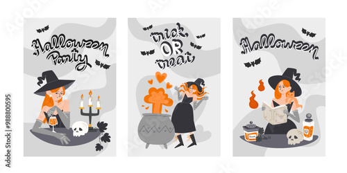 Set of Three Halloween Posters with Red Haired Witch