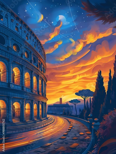 Illustration of Colosseum from Rome, Italy Travel Poster in Colorful Flat Digital Art Style