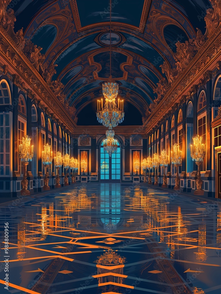 Φωτογραφία Illustration of Hall of Mirrors from Versailles, France Travel Poster in Colorfu