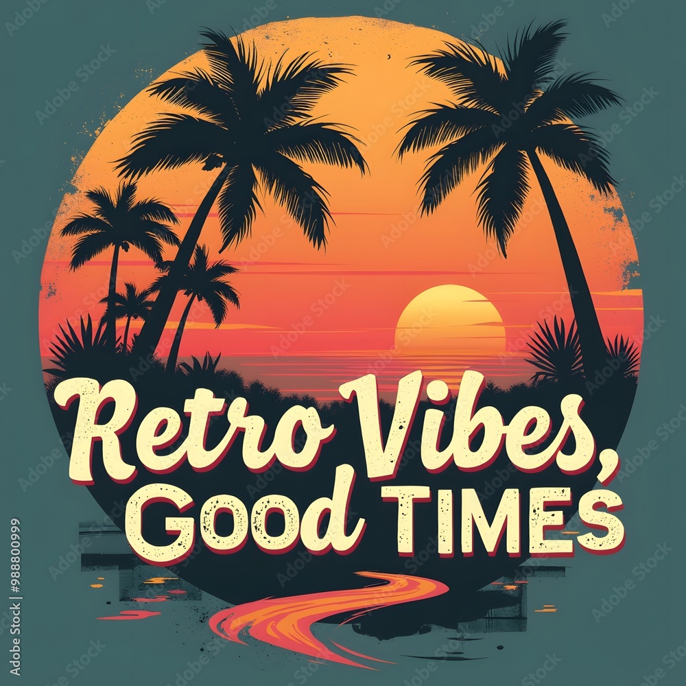 Naklejka premium Distressed Sunset Palm Trees Retro Vibes T-Shirt Design