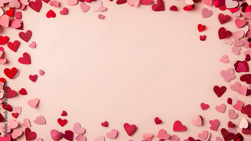 valentine’s day confetti: a romantic frame made from pink and red heart-shaped confetti, arranged around a soft blush background, the sweet colors create a charming border valentine’s day confetti: a romantic frame made from pink and red heart-shaped confetti, arranged around a soft blush background, the sweet colors create a charming border