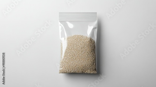 A matte-finish resealable pouch of quinoa, featuring bold lettering and clean design, positioned on a white backdrop, representing upscale dry food packaging. photo