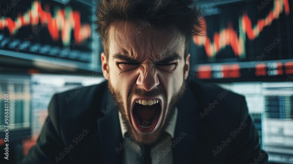 Frustrated trader reacts to market fluctuations in a financial trading office during a hectic session Frustrated trader reacts to market fluctuations in a financial trading office during a hectic session