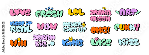 Bubble graffiti words. Street art love, fresh, omg, lol and wow sign. Drama queen, keep it real, never give up and dream big. Win, king, like, funny and kiss vector set photo