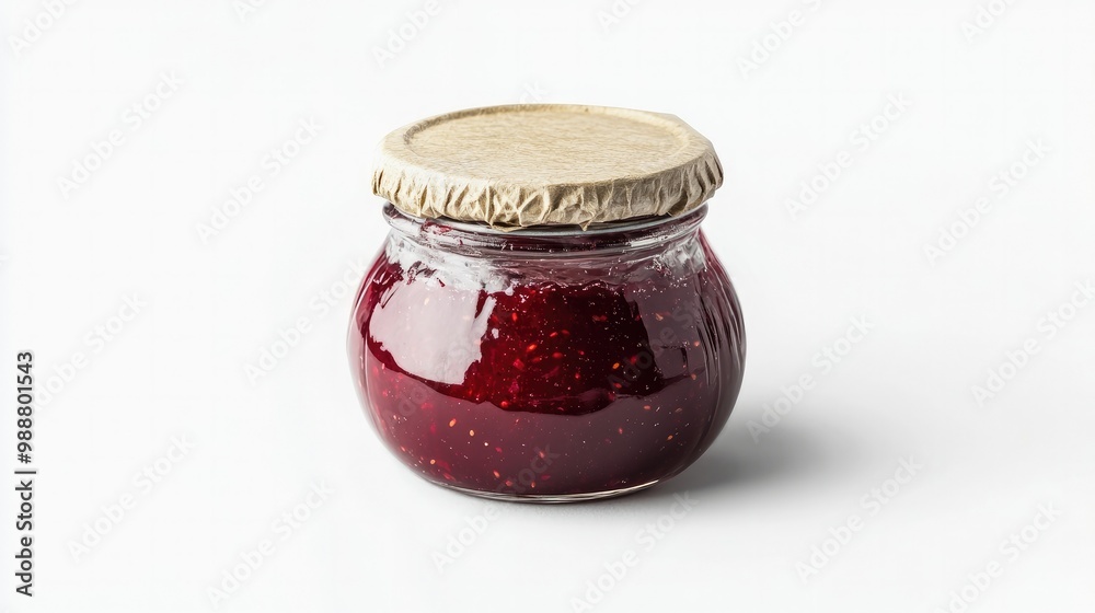 A petite glass jar of raspberry jam, sealed with a rustic metal lid, placed on a white background, perfect for showcasing artisanal gourmet food packaging. A petite glass jar of raspberry jam, sealed with a rustic metal lid, placed on a white background, perfect for showcasing artisanal gourmet food packaging.