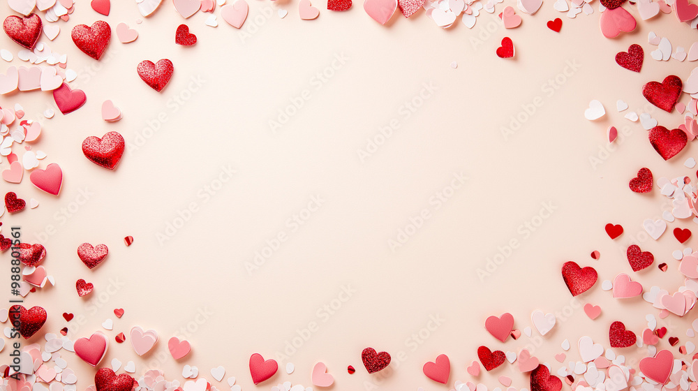 valentineâ€™s day confetti: a romantic frame made from pink and red heart-shaped confetti, arranged around a soft blush background, the sweet colors create a charming border