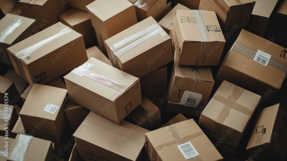 Fototapeta premium A pile of clean cardboard boxes, all taped and sealed, stacked precisely on a white surface, emphasizing bulk shipping logistics.