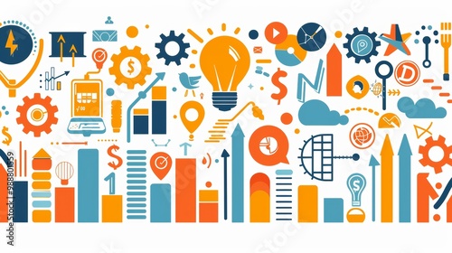 Colorful Business Frame with Various Icons on White Background Representing Innovation, Growth, and Technology
