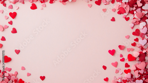 valentineâ€™s day confetti: a romantic frame made from pink and red heart-shaped confetti, arranged around a soft blush background, the sweet colors create a charming border