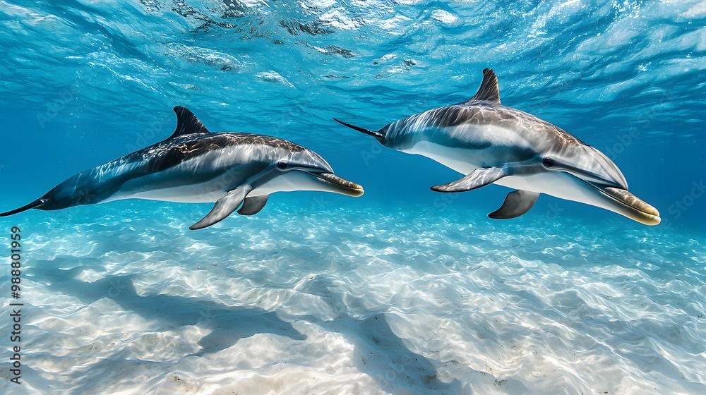 Fototapeta premium Two playful dolphins swimming gracefully in clear blue waters.