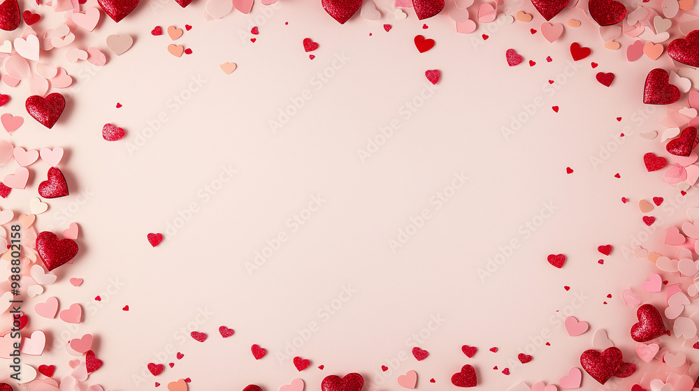 valentine’s day confetti: a romantic frame made from pink and red heart-shaped confetti, arranged around a soft blush background, the sweet colors create a charming border valentine’s day confetti: a romantic frame made from pink and red heart-shaped confetti, arranged around a soft blush background, the sweet colors create a charming border