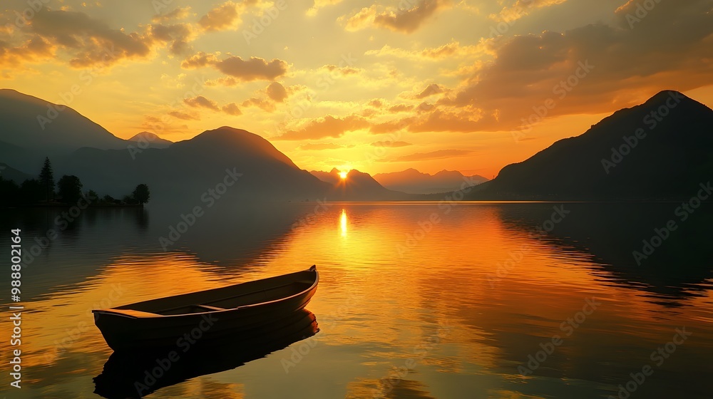 A single boat sits on a still lake at sunset, surrounded by mountains. The sky is a vibrant orange and yellow, and the water reflects the colors of the sky. A single boat sits on a still lake at sunset, surrounded by mountains. The sky is a vibrant orange and yellow, and the water reflects the colors of the sky.