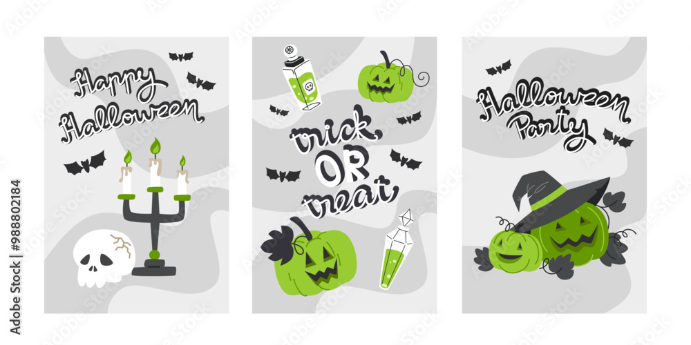 Fototapeta premium Halloween Posters Featuring Potion, Skull and and Pumpkin Lanterns