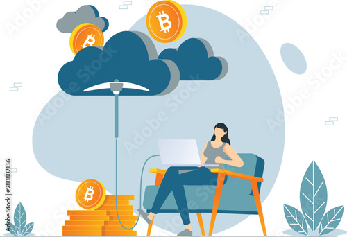 Cryptocurrency Mining Concept - Vector Illustration of a Miner Extracting Cryptocurrency Bitcoin with Advanced Technology and Mining Equipment