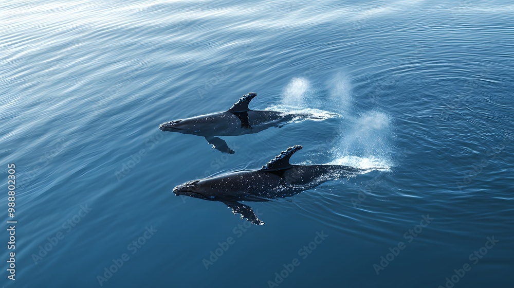 Obraz premium Two humpback whales swimming gracefully in calm blue waters.