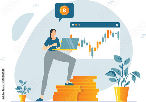 Cryptocurrency Mining Concept - Vector Illustration of a Miner Extracting Cryptocurrency Bitcoin with Advanced Technology and Mining Equipment