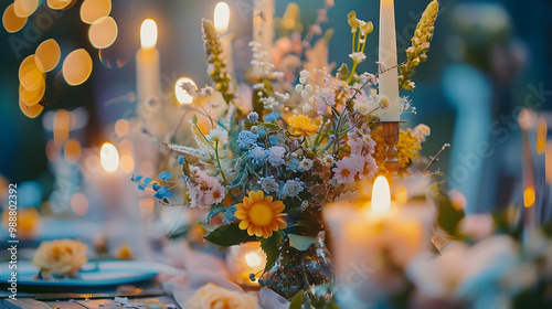 Romantic Candlelit Table Setting with Floral Arrangement