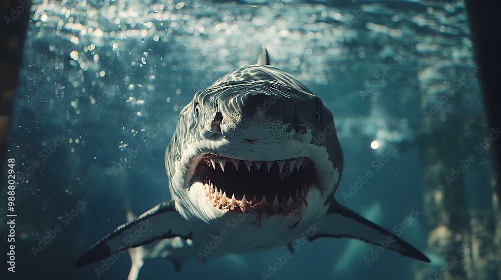Fototapeta premium Close-up of a fierce shark showcasing its sharp teeth underwater.