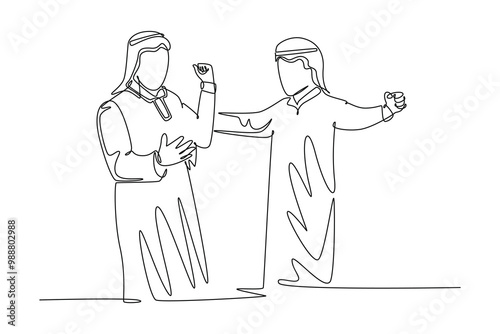 Single continuous line drawing of young happy Moslem sales manager raise hand celebrate business success. Arabian male worker achieve financial target. One line draw graphic design vector illustration
