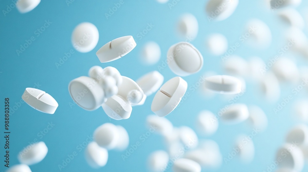 floating white pills on blue background, representing healthcare dosage and medical treatment, perfect for illustrating pharmaceutical tablets and wellness supplements floating white pills on blue background, representing healthcare dosage and medical treatment, perfect for illustrating pharmaceutical tablets and wellness supplements