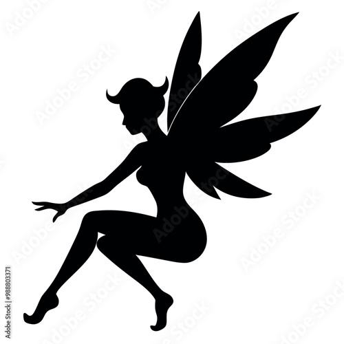 a black silhouette of a fairy. The fairy is in a crouching position, with her body facing towards the left side of the vector art illustration