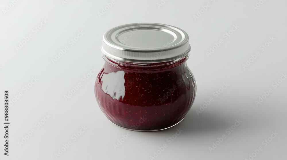 A small glass jar filled with strawberry jam, tightly sealed with a shiny metal lid, sitting on a clean white background, highlighting gourmet food packaging. A small glass jar filled with strawberry jam, tightly sealed with a shiny metal lid, sitting on a clean white background, highlighting gourmet food packaging.