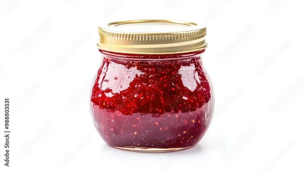 A small glass jar filled with strawberry jam, tightly sealed with a shiny metal lid, sitting on a clean white background, highlighting gourmet food packaging. A small glass jar filled with strawberry jam, tightly sealed with a shiny metal lid, sitting on a clean white background, highlighting gourmet food packaging.