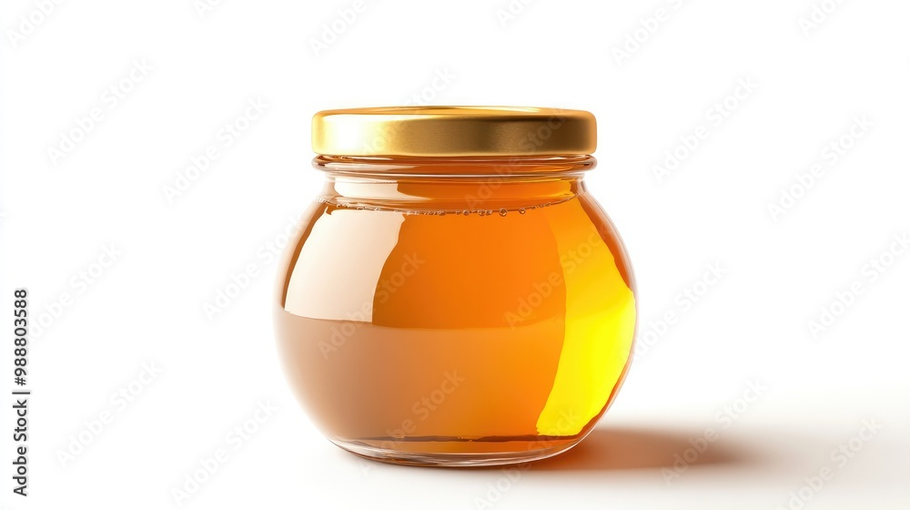 A small, round glass jar filled with apricot jam, tightly closed with a golden metal lid, resting on a white background, ideal for gourmet food packaging design.