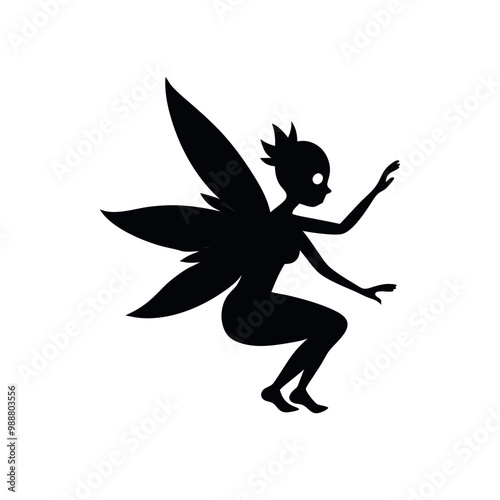 a black silhouette of a fairy. The fairy is in a crouching position, with her body facing towards the left side of the vector art illustration